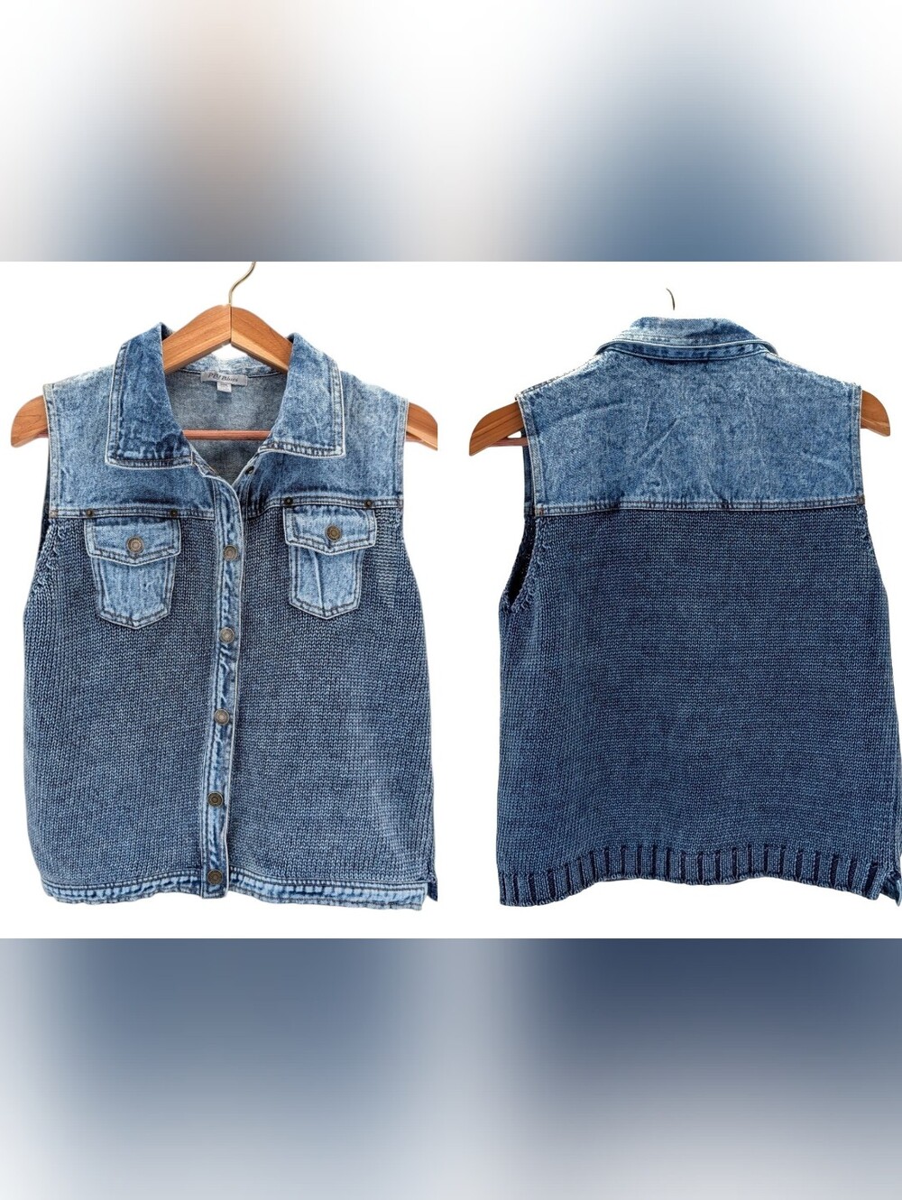 PBJ Blues Sz M Denim Knit Combo Vest Chambray Sweater Sleeveless Jacket - Picture 10 of 16